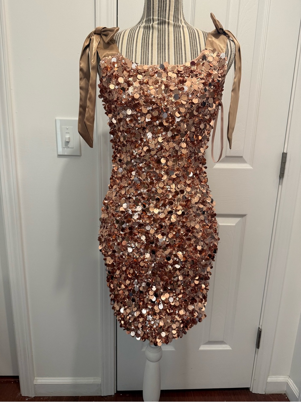 Sequin Tie-Shoulder Cocktail Dress in Rose Gold She & Sky Small